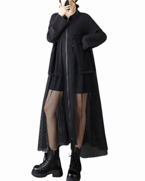 ellazhu Women's Oversized Maxi Shirt Dress Zip Up Mesh Pocket Tulle Overlay Patchwork Long Sleeve Lapel Neck Casual GZ809