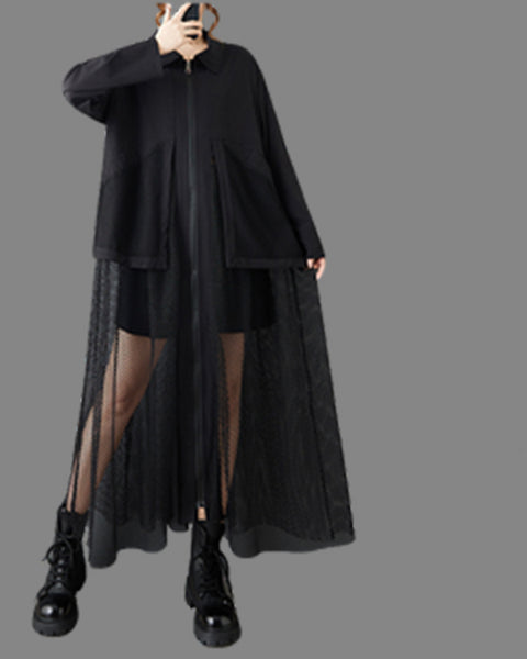 ellazhu Women's Oversized Maxi Shirt Dress Zip Up Mesh Pocket Tulle Overlay Patchwork Long Sleeve Lapel Neck Casual GZ809