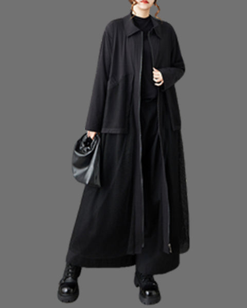ellazhu Women's Oversized Maxi Shirt Dress Zip Up Mesh Pocket Tulle Overlay Patchwork Long Sleeve Lapel Neck Casual GZ809