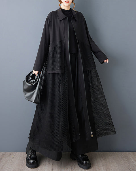 ellazhu Women's Oversized Maxi Shirt Dress Zip Up Mesh Pocket Tulle Overlay Patchwork Long Sleeve Lapel Neck Casual GZ809