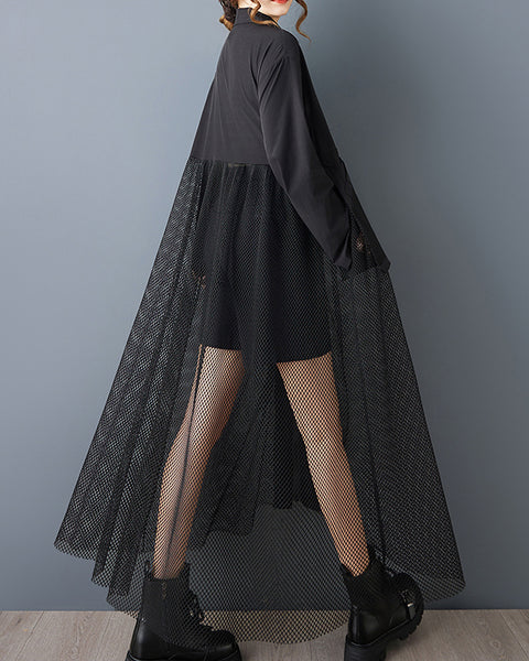ellazhu Women's Oversized Maxi Shirt Dress Zip Up Mesh Pocket Tulle Overlay Patchwork Long Sleeve Lapel Neck Casual GZ809