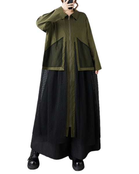 ellazhu Women's Oversized Maxi Shirt Dress Zip Up Mesh Pocket Tulle Overlay Patchwork Long Sleeve Lapel Neck Casual GZ809