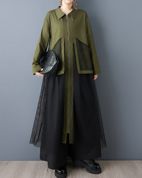 ellazhu Women's Oversized Maxi Shirt Dress Zip Up Mesh Pocket Tulle Overlay Patchwork Long Sleeve Lapel Neck Casual GZ809
