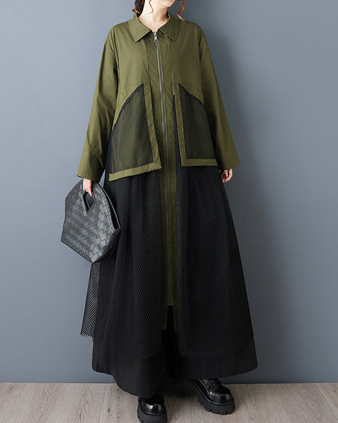 ellazhu Women's Oversized Maxi Shirt Dress Zip Up Mesh Pocket Tulle Overlay Patchwork Long Sleeve Lapel Neck Casual GZ809