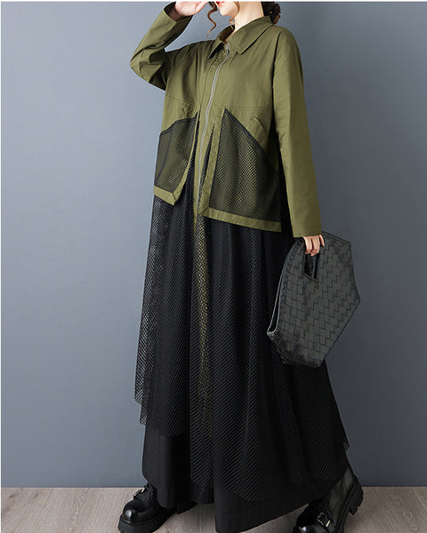 ellazhu Women's Oversized Maxi Shirt Dress Zip Up Mesh Pocket Tulle Overlay Patchwork Long Sleeve Lapel Neck Casual GZ809