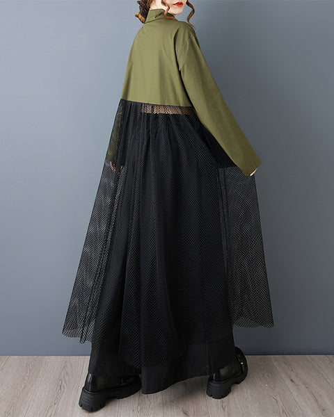 ellazhu Women's Oversized Maxi Shirt Dress Zip Up Mesh Pocket Tulle Overlay Patchwork Long Sleeve Lapel Neck Casual GZ809