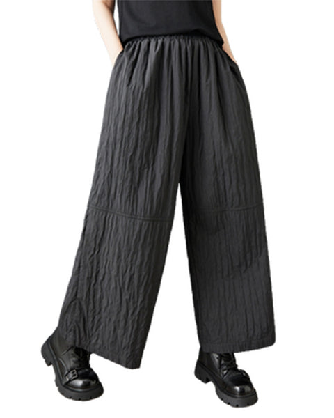 ellazhu Women's Plus Size Crinkled Wide Leg Pants Elastic Waist Loose Fit Pocketed Ankle-Length Trousers Casual Streetwear GZ810