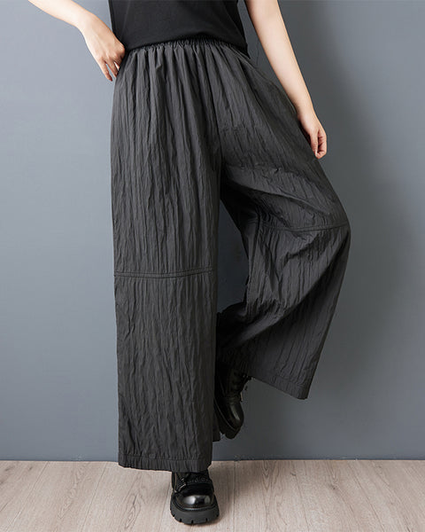 ellazhu Women's Plus Size Crinkled Wide Leg Pants Elastic Waist Loose Fit Pocketed Ankle-Length Trousers Casual Streetwear GZ810
