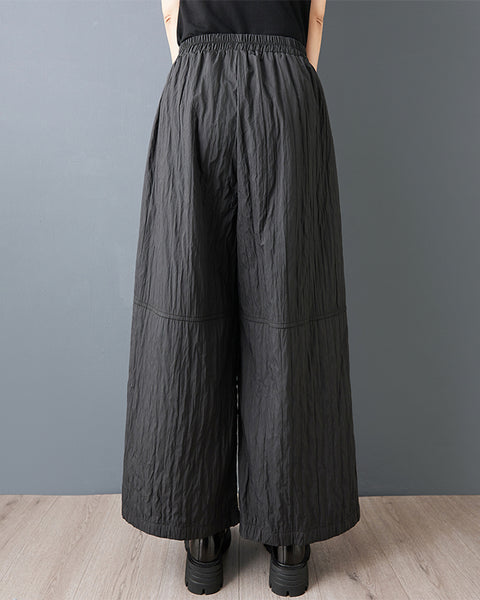 ellazhu Women's Plus Size Crinkled Wide Leg Pants Elastic Waist Loose Fit Pocketed Ankle-Length Trousers Casual Streetwear GZ810