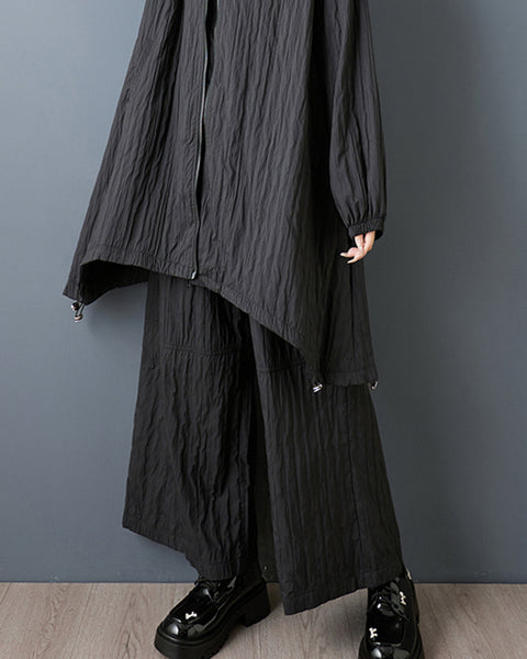 ellazhu Women's Plus Size Crinkled Wide Leg Pants Elastic Waist Loose Fit Pocketed Ankle-Length Trousers Casual Streetwear GZ810