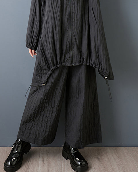 ellazhu Women's Plus Size Crinkled Wide Leg Pants Elastic Waist Loose Fit Pocketed Ankle-Length Trousers Casual Streetwear GZ810