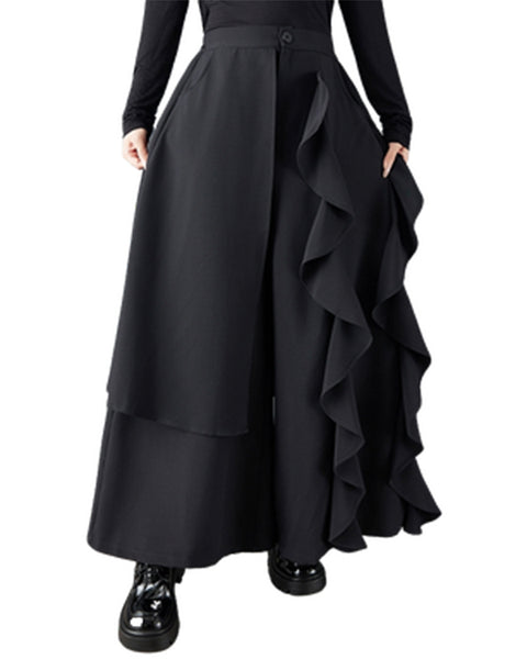 ellazhu Women's Plus Size Asymmetrical Ruffle Trim Wide Leg Skirt Pants High Waist Button Closure Layered Culottes GZ811