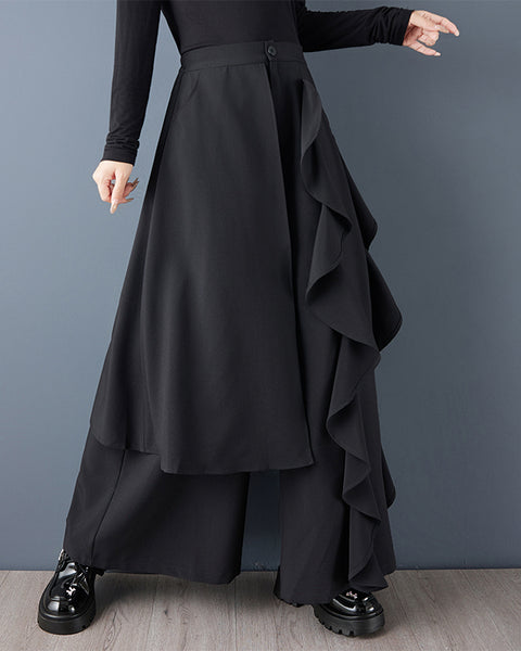 ellazhu Women's Plus Size Asymmetrical Ruffle Trim Wide Leg Skirt Pants High Waist Button Closure Layered Culottes GZ811