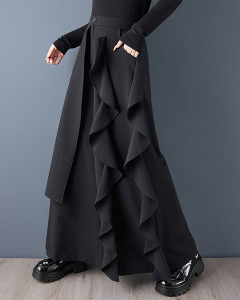 ellazhu Women's Plus Size Asymmetrical Ruffle Trim Wide Leg Skirt Pants High Waist Button Closure Layered Culottes GZ811