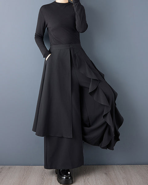 ellazhu Women's Plus Size Asymmetrical Ruffle Trim Wide Leg Skirt Pants High Waist Button Closure Layered Culottes GZ811