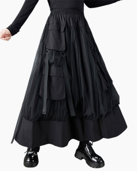 ellazhu Women's Loose Fit Tulle Patchwork A-Line Maxi Skirt Elastic Waist Layered Large Pocket Streetwear GZ812