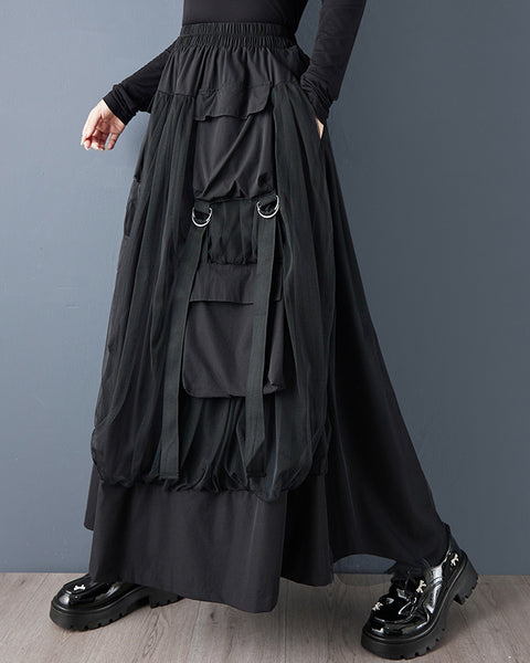 ellazhu Women's Loose Fit Tulle Patchwork A-Line Maxi Skirt Elastic Waist Layered Large Pocket Streetwear GZ812
