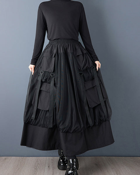 ellazhu Women's Loose Fit Tulle Patchwork A-Line Maxi Skirt Elastic Waist Layered Large Pocket Streetwear GZ812