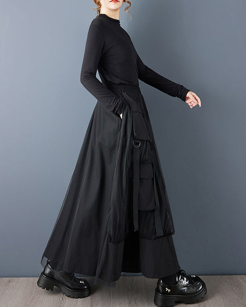 ellazhu Women's Loose Fit Tulle Patchwork A-Line Maxi Skirt Elastic Waist Layered Large Pocket Streetwear GZ812