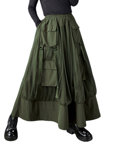 ellazhu Women's Loose Fit Tulle Patchwork A-Line Maxi Skirt Elastic Waist Layered Large Pocket Streetwear GZ812