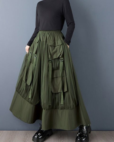 ellazhu Women's Loose Fit Tulle Patchwork A-Line Maxi Skirt Elastic Waist Layered Large Pocket Streetwear GZ812