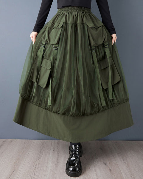 ellazhu Women's Loose Fit Tulle Patchwork A-Line Maxi Skirt Elastic Waist Layered Large Pocket Streetwear GZ812