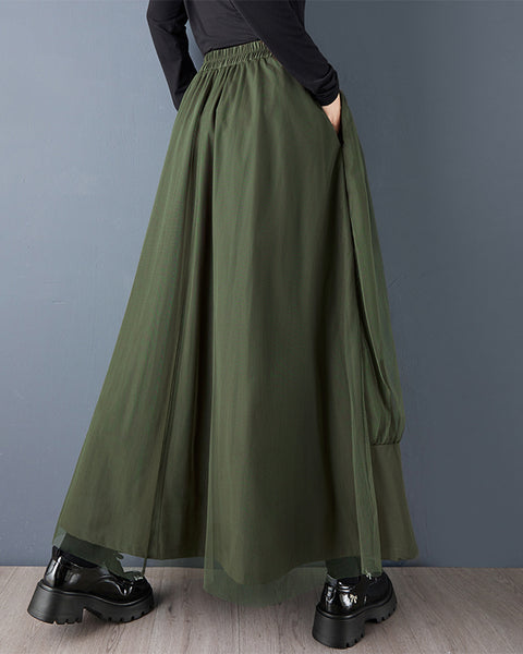 ellazhu Women's Loose Fit Tulle Patchwork A-Line Maxi Skirt Elastic Waist Layered Large Pocket Streetwear GZ812