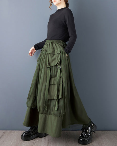 ellazhu Women's Loose Fit Tulle Patchwork A-Line Maxi Skirt Elastic Waist Layered Large Pocket Streetwear GZ812