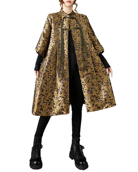 ellazhu Women's Oversized Jacquard Cape Coat Lapel Collar Button Front Flowy Loose Fit Midi Jacket Vintage Style GZ813