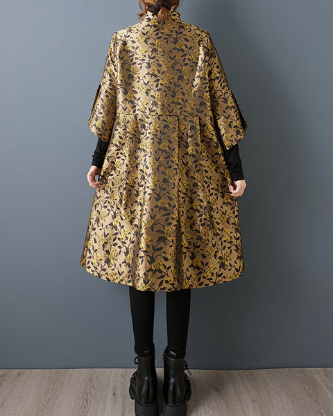 ellazhu Women's Oversized Jacquard Cape Coat Lapel Collar Button Front Flowy Loose Fit Midi Jacket Vintage Style GZ813