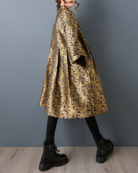ellazhu Women's Oversized Jacquard Cape Coat Lapel Collar Button Front Flowy Loose Fit Midi Jacket Vintage Style GZ813