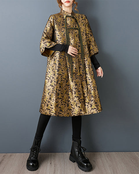 ellazhu Women's Oversized Jacquard Cape Coat Lapel Collar Button Front Flowy Loose Fit Midi Jacket Vintage Style GZ813