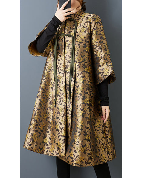 ellazhu Women's Oversized Jacquard Cape Coat Lapel Collar Button Front Flowy Loose Fit Midi Jacket Vintage Style GZ813