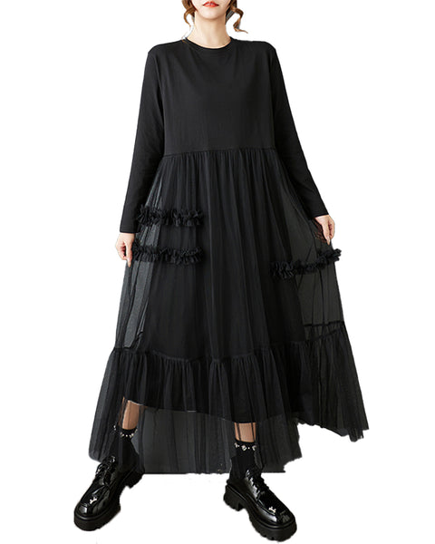 ellazhu Women's Gothic Mesh Patchwork Maxi Dress Loose Long Sleeve A Line Casual Plus Size Ankle Length Dress GZ814