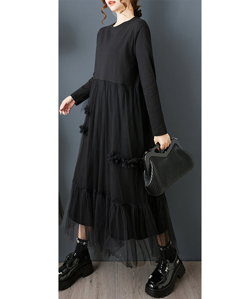 ellazhu Women's Gothic Mesh Patchwork Maxi Dress Loose Long Sleeve A Line Casual Plus Size Ankle Length Dress GZ814