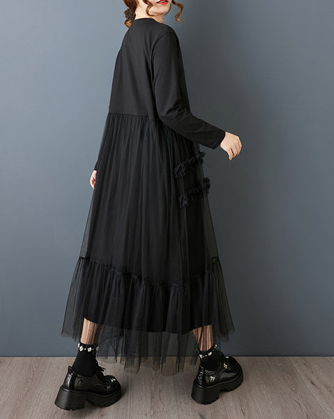 ellazhu Women's Gothic Mesh Patchwork Maxi Dress Loose Long Sleeve A Line Casual Plus Size Ankle Length Dress GZ814