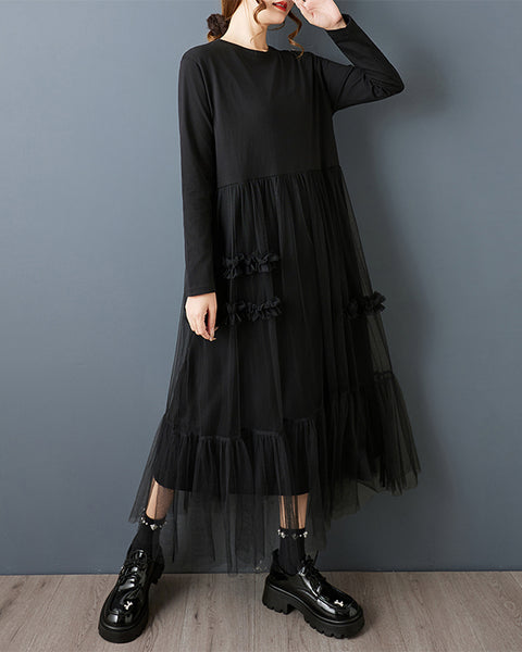 ellazhu Women's Gothic Mesh Patchwork Maxi Dress Loose Long Sleeve A Line Casual Plus Size Ankle Length Dress GZ814
