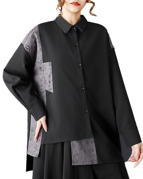 ellazhu Women's Gothic Patchwork Shirt Loose Long Sleeve Button Down Blouse Oversized Irregular Hem Casual Plus Size GZ815