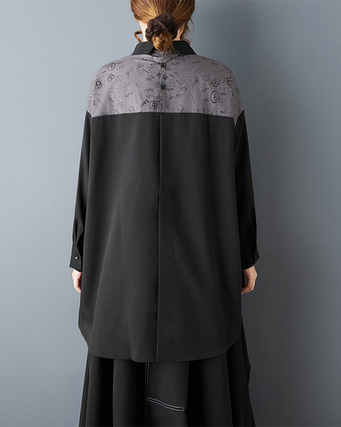 ellazhu Women's Gothic Patchwork Shirt Loose Long Sleeve Button Down Blouse Oversized Irregular Hem Casual Plus Size GZ815