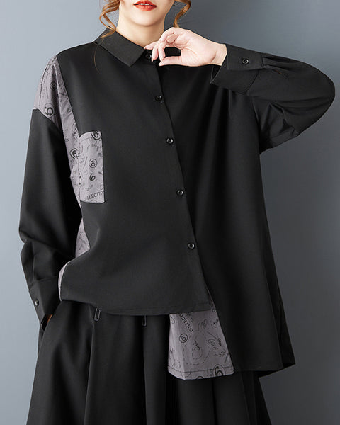 ellazhu Women's Gothic Patchwork Shirt Loose Long Sleeve Button Down Blouse Oversized Irregular Hem Casual Plus Size GZ815