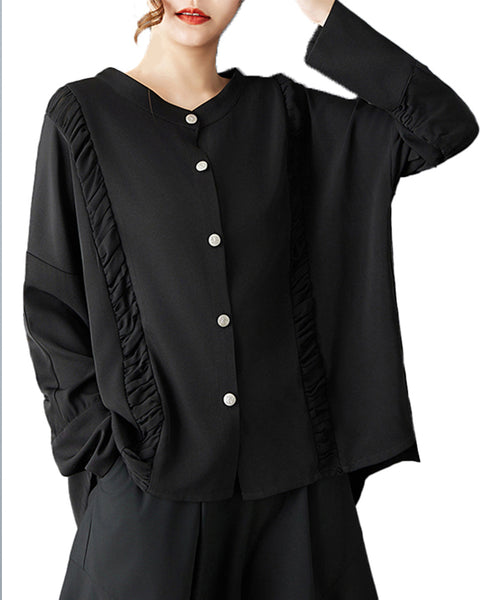 ellazhu Women's Gothic Pleated Button Down Blouse Loose Long Sleeve Oversized Irregular Hem Casual Plus Size Top GZ816