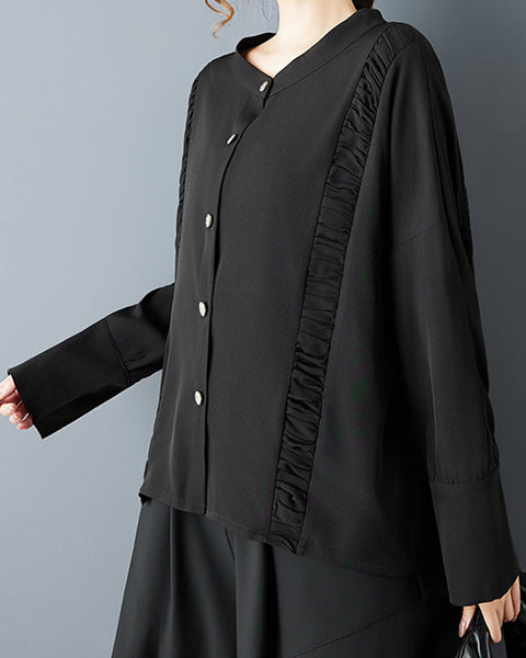 ellazhu Women's Gothic Pleated Button Down Blouse Loose Long Sleeve Oversized Irregular Hem Casual Plus Size Top GZ816