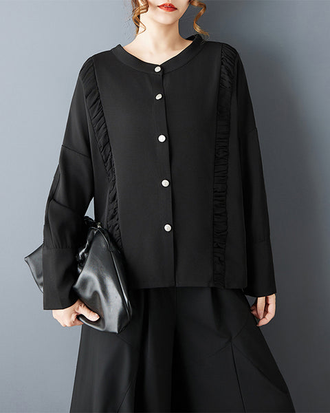 ellazhu Women's Gothic Pleated Button Down Blouse Loose Long Sleeve Oversized Irregular Hem Casual Plus Size Top GZ816