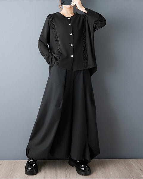ellazhu Women's Gothic Pleated Button Down Blouse Loose Long Sleeve Oversized Irregular Hem Casual Plus Size Top GZ816