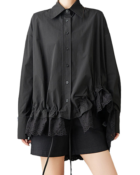 ellazhu Women's Gothic Lace Patchwork Blouse Loose Long Sleeve Oversized Button Down Irregular Hem Casual Plus Size GZ818