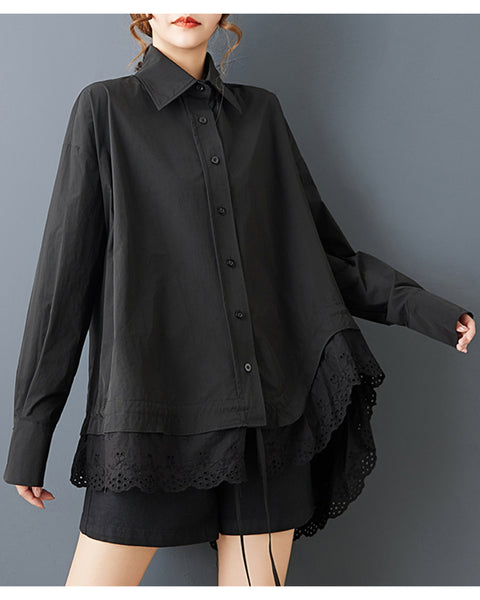 ellazhu Women's Gothic Lace Patchwork Blouse Loose Long Sleeve Oversized Button Down Irregular Hem Casual Plus Size GZ818