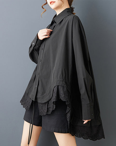 ellazhu Women's Gothic Lace Patchwork Blouse Loose Long Sleeve Oversized Button Down Irregular Hem Casual Plus Size GZ818