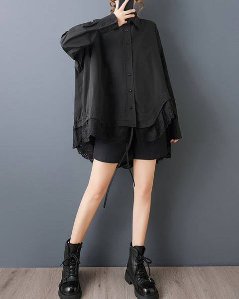 ellazhu Women's Gothic Lace Patchwork Blouse Loose Long Sleeve Oversized Button Down Irregular Hem Casual Plus Size GZ818