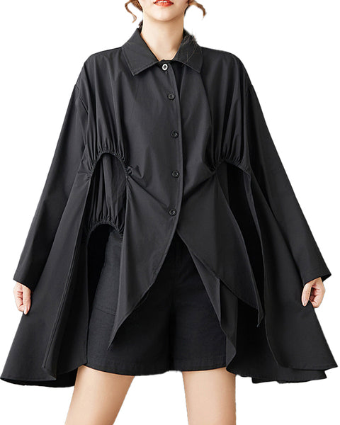 ellazhu Women's Gothic Irregular Button Down Blouse Loose Long Sleeve Oversized Pleated Design Casual Plus Size Top GZ819
