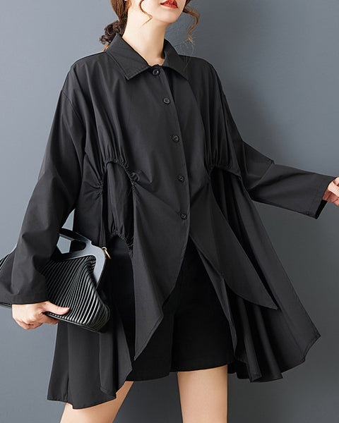 ellazhu Women's Gothic Irregular Button Down Blouse Loose Long Sleeve Oversized Pleated Design Casual Plus Size Top GZ819